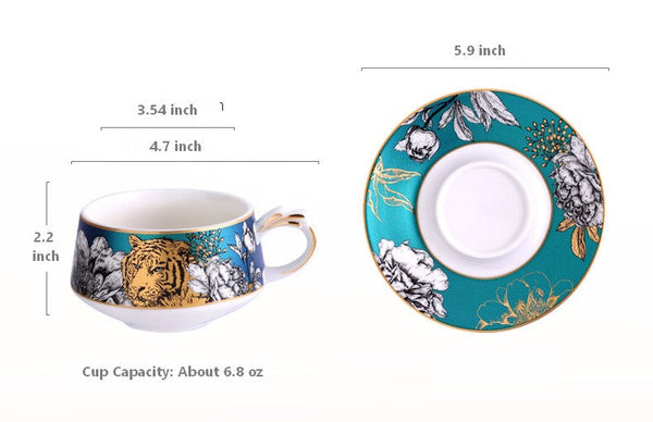 Jungle Tiger Cheetah Porcelain Tea Cups, Creative Ceramic Cups and Saucers, Unique Ceramic Coffee Cups with Gold Trim and Gift Box-HomePaintingDecor