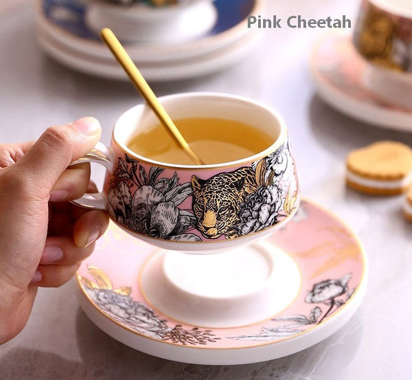 Jungle Tiger Cheetah Porcelain Tea Cups, Creative Ceramic Cups and Saucers, Unique Ceramic Coffee Cups with Gold Trim and Gift Box-HomePaintingDecor