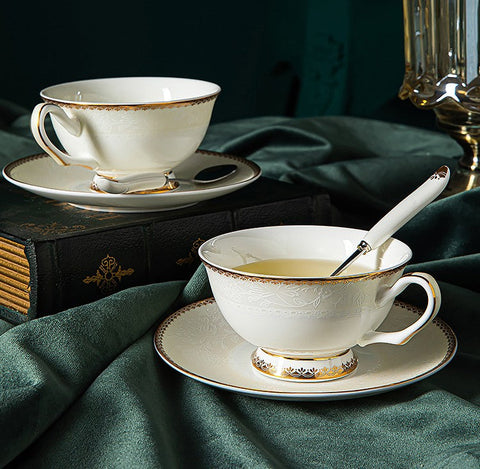Bone China Porcelain Coffee Cup Set, White Ceramic Cups, Elegant British Ceramic Coffee Cups, Unique Tea Cup and Saucer in Gift Box-HomePaintingDecor