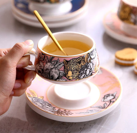 Jungle Tiger Cheetah Porcelain Tea Cups, Creative Ceramic Cups and Saucers, Unique Ceramic Coffee Cups with Gold Trim and Gift Box-HomePaintingDecor