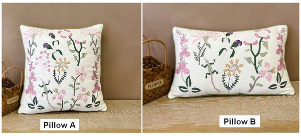 Embroider Flower Cotton Pillow Covers, Spring Flower Decorative Throw Pillows, Farmhouse Sofa Decorative Pillows, Flower Decorative Throw Pillows for Couch-HomePaintingDecor