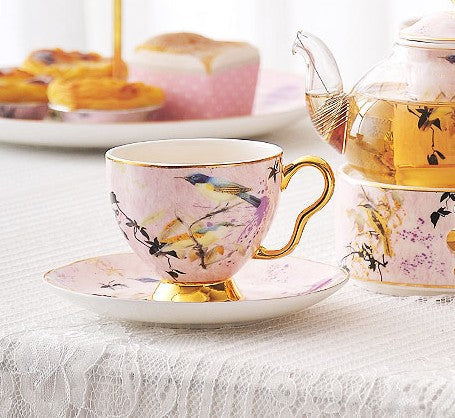 Elegant Pink Ceramic Coffee Cups, Unique Bird Flower Tea Cups and Saucers in Gift Box as Birthday Gift, Beautiful British Tea Cups, Royal Bone China Porcelain Tea Cup Set-HomePaintingDecor