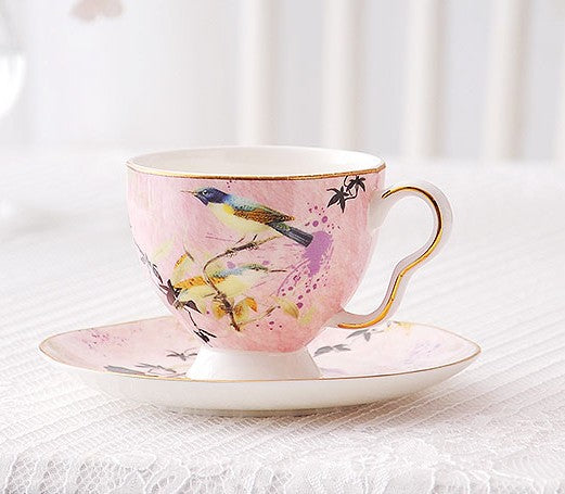 Elegant Pink Ceramic Coffee Cups, Unique Bird Flower Tea Cups and Saucers in Gift Box as Birthday Gift, Beautiful British Tea Cups, Royal Bone China Porcelain Tea Cup Set-HomePaintingDecor