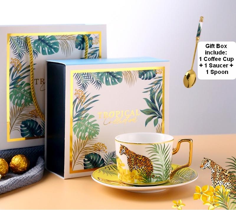 Coffee Cups with Gold Trim and Gift Box, Jungle Leopard Pattern Porcelain Coffee Cups, Tea Cups and Saucers-HomePaintingDecor