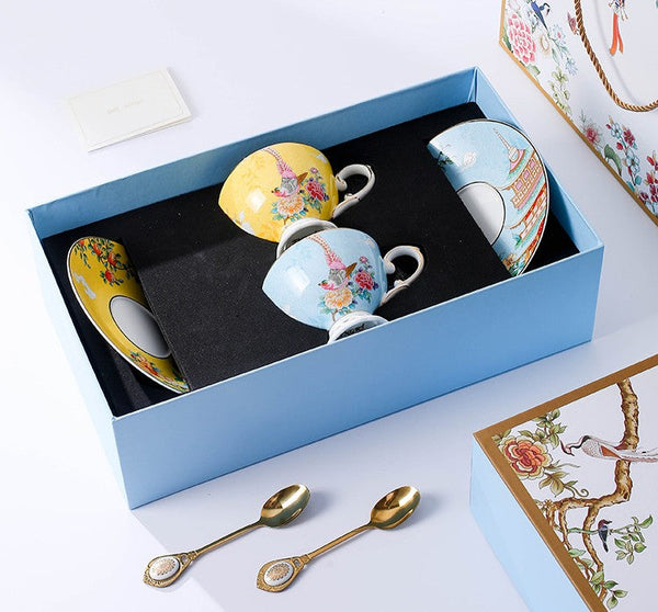 Elegant Oriental Pheasant Ceramic Cups, Beautiful Bird Pattern Tea Cups, Creative Bone China Porcelain Tea Cup Set, Unique Tea Cups and Saucers in Gift Box-HomePaintingDecor