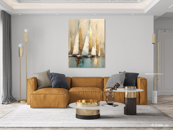 Sail Boat Abstract Painting, Landscape Canvas Paintings for Dining Room, Acrylic Painting on Canvas, Original Landscape Abstract Painting-HomePaintingDecor