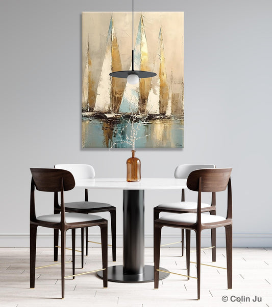 Sail Boat Abstract Painting, Landscape Canvas Paintings for Dining Room, Acrylic Painting on Canvas, Original Landscape Abstract Painting-HomePaintingDecor