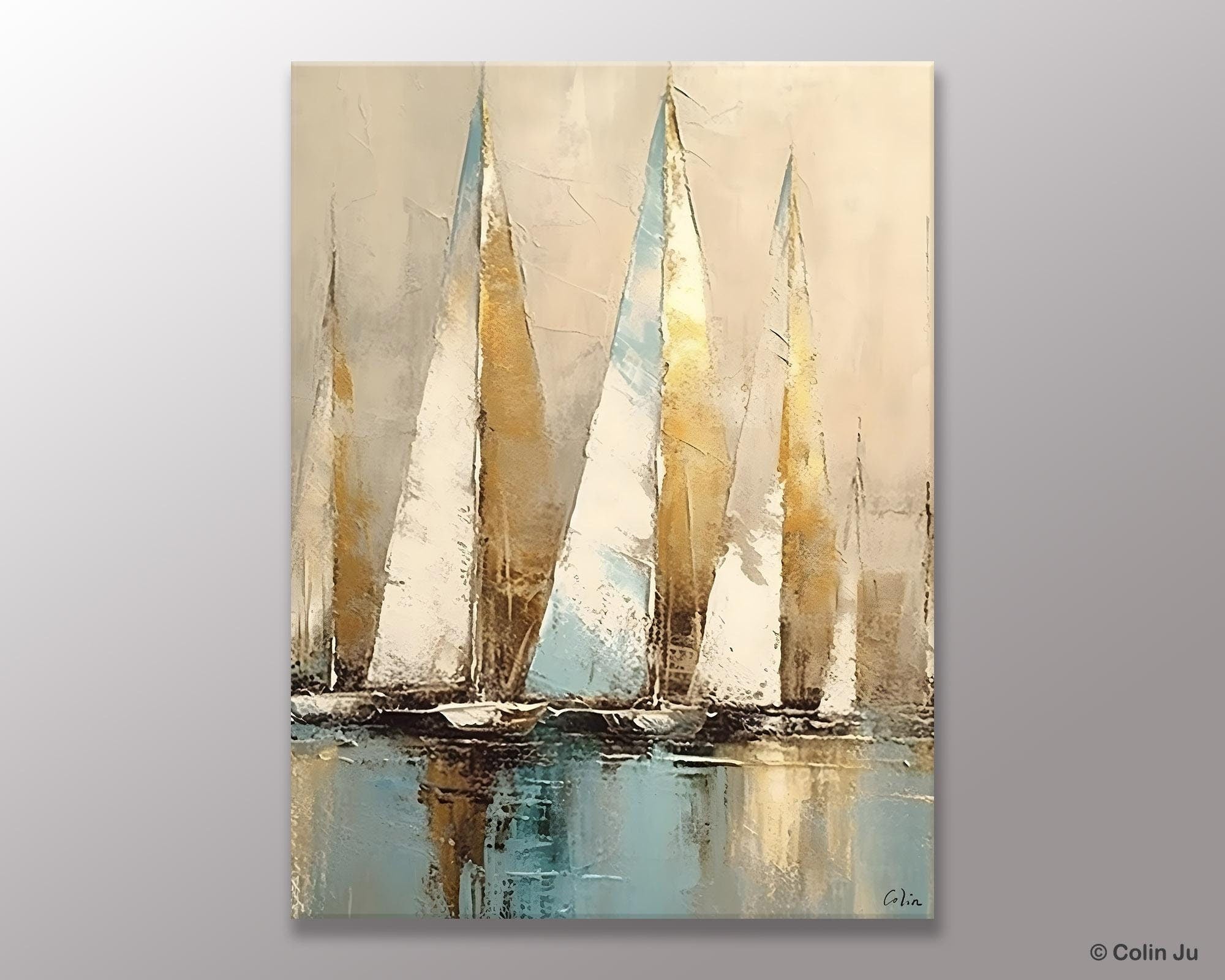 Sail Boat Abstract Painting, Landscape Canvas Paintings for Dining Room, Acrylic Painting on Canvas, Original Landscape Abstract Painting-HomePaintingDecor