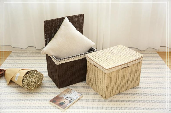 Large Deep Brown / Cream Color Woven Straw basket with Cover, Storage Basket for Toys, Rectangle Storage Basket, Storage Basket for Clothes-HomePaintingDecor